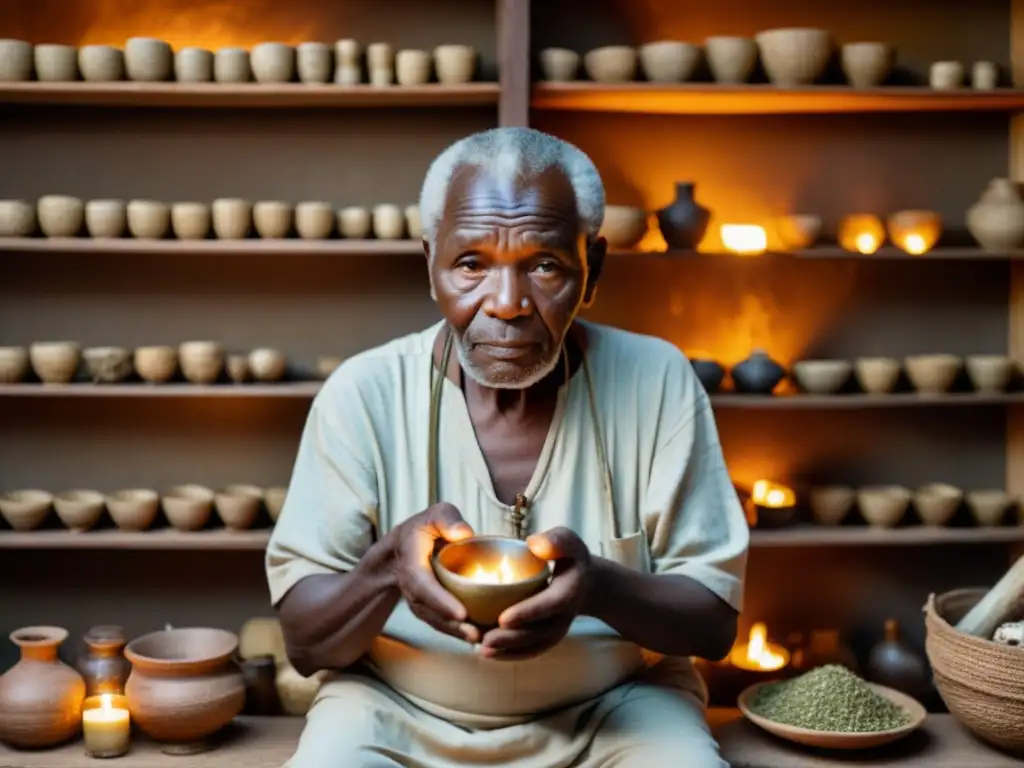 Un anciano sanador africano elabora una medicina herbal en un ambiente rústico, transmitiendo sabiduría y herencia cultural