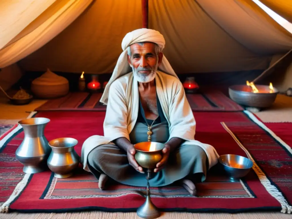 Un anciano sanador beduino prepara medicina tradicional en la penumbra de su tienda en el desierto, rodeado de aromas y sabiduría ancestral