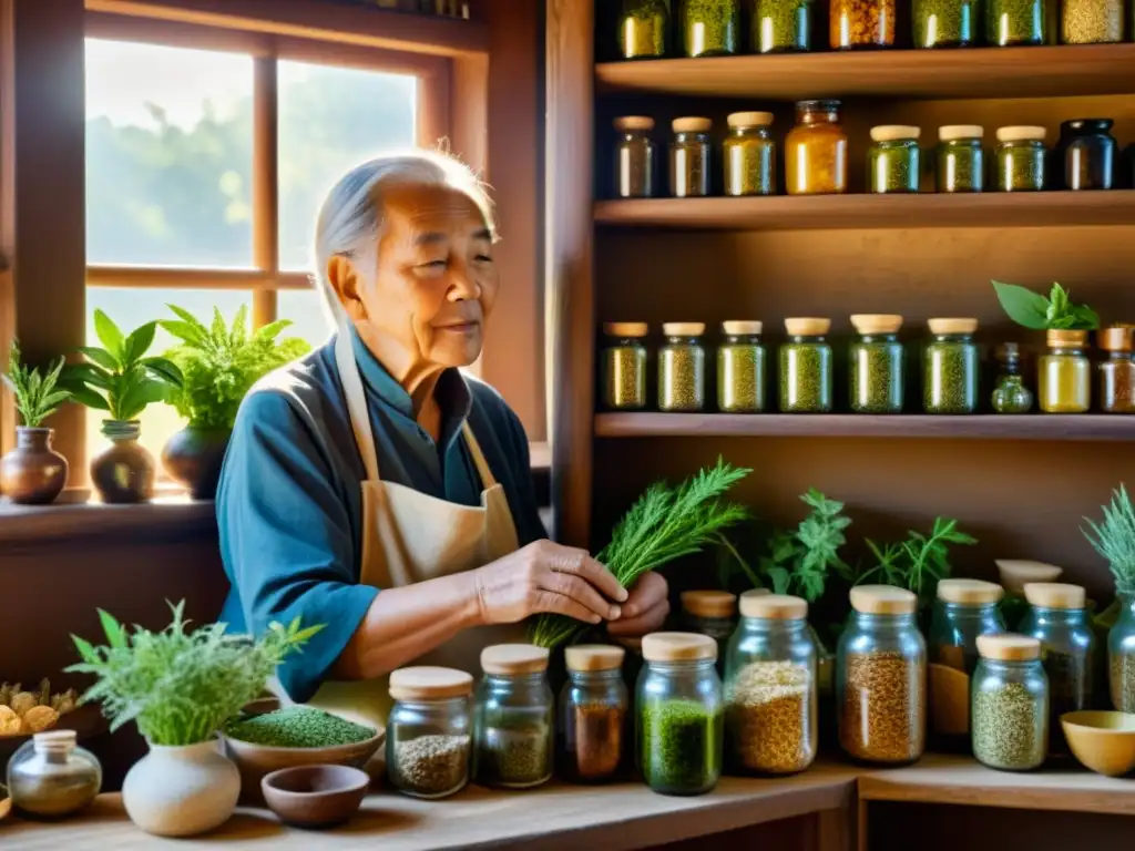 Sanadora ancestral seleccionando hierbas y plantas medicinales Un anciano sanador de una comunidad de medicina tradicional selecciona y prepara hierbas, rodeado de estantes llenos de remedios naturales