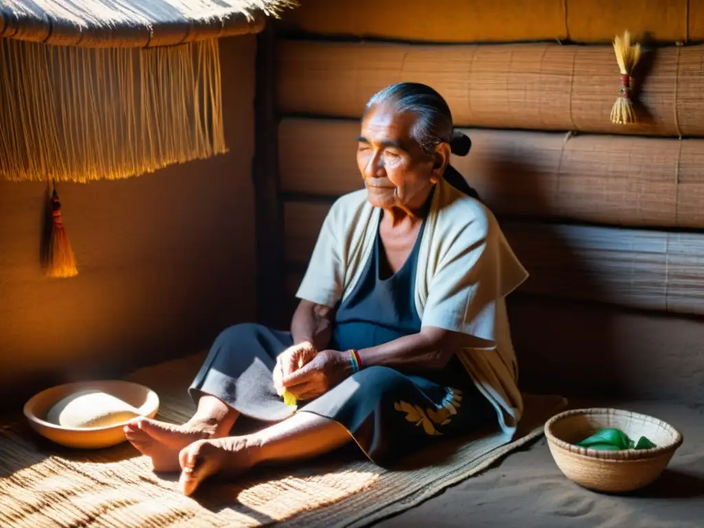 Un anciano sanador mesoamericano aplica hierbas medicinales a un paciente en una cabaña de adobe iluminada por luz solar