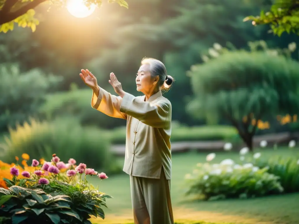 Un anciano practica Qi Gong en un jardín sereno al atardecer, rodeado de exuberante vegetación y flores