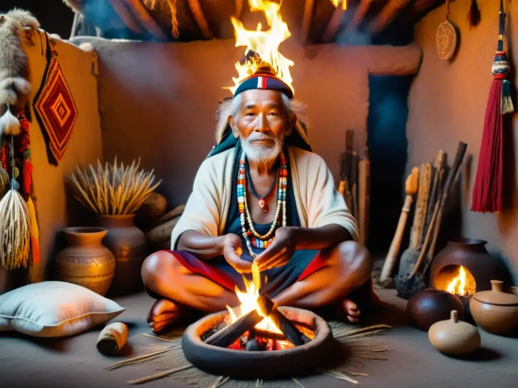 Un anciano chamán sostiene un talismán frente al fuego, rodeado de hierbas, raíces y huesos