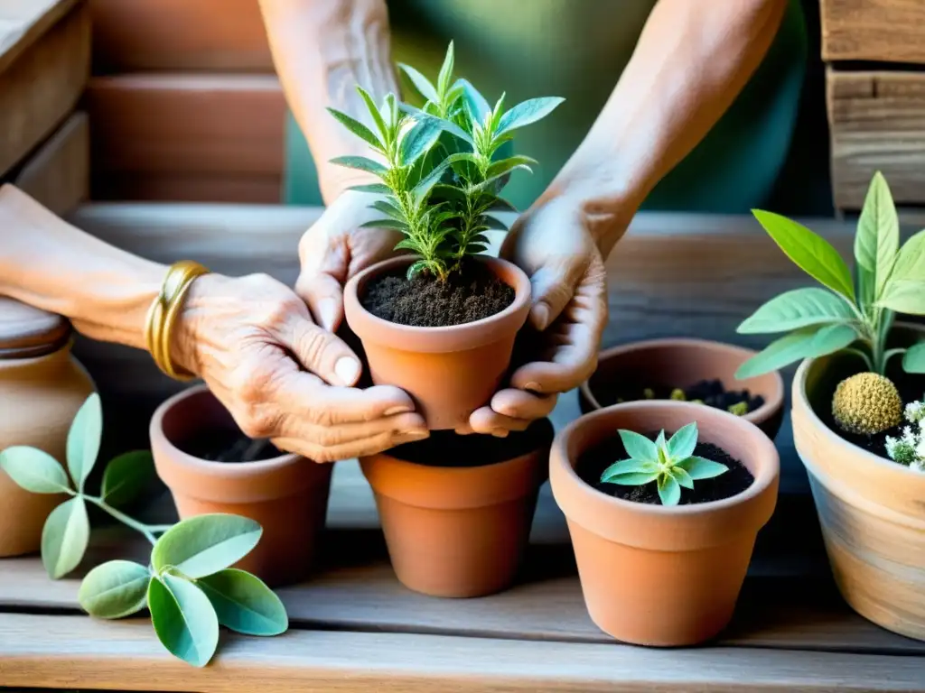 Un anciano cuida con ternura plantas medicinales en terracota, evocando sabiduría ancestral en el cultivo de plantas medicinales técnicas ancestrales