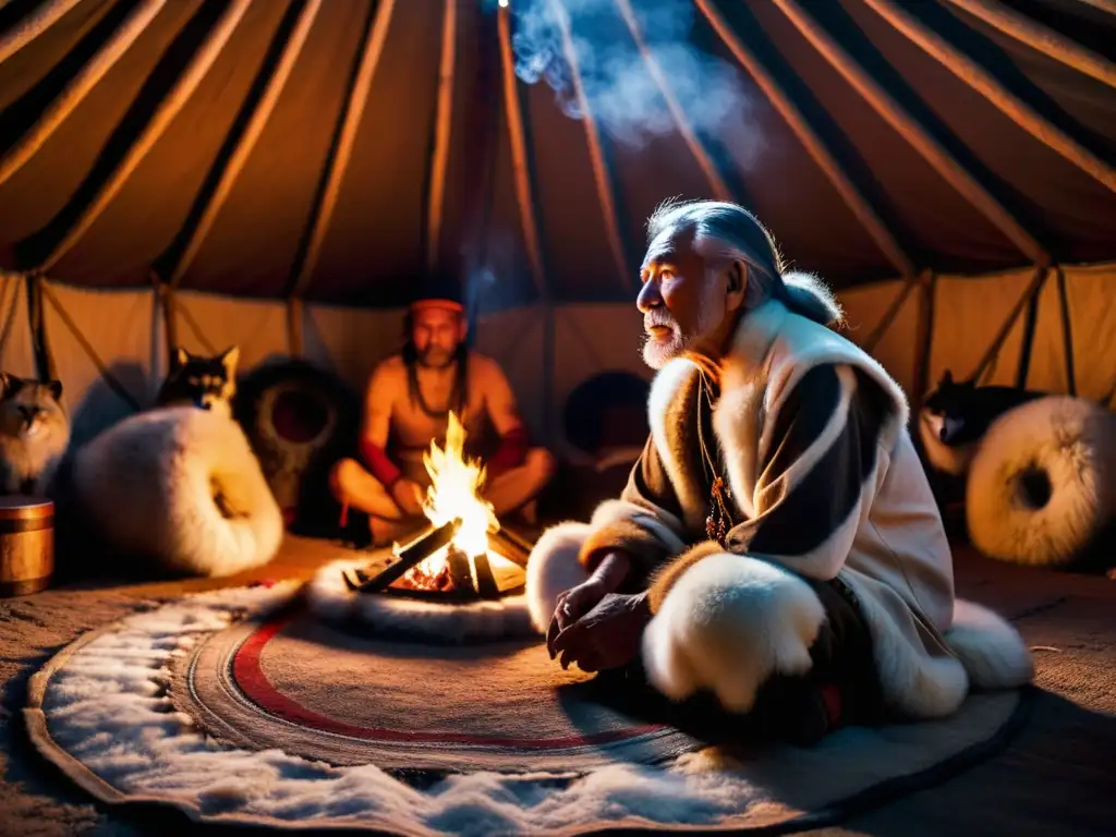 Un anciano chamán lapón en una yurta ahumada, rodeado de pieles y herramientas de curación tradicionales