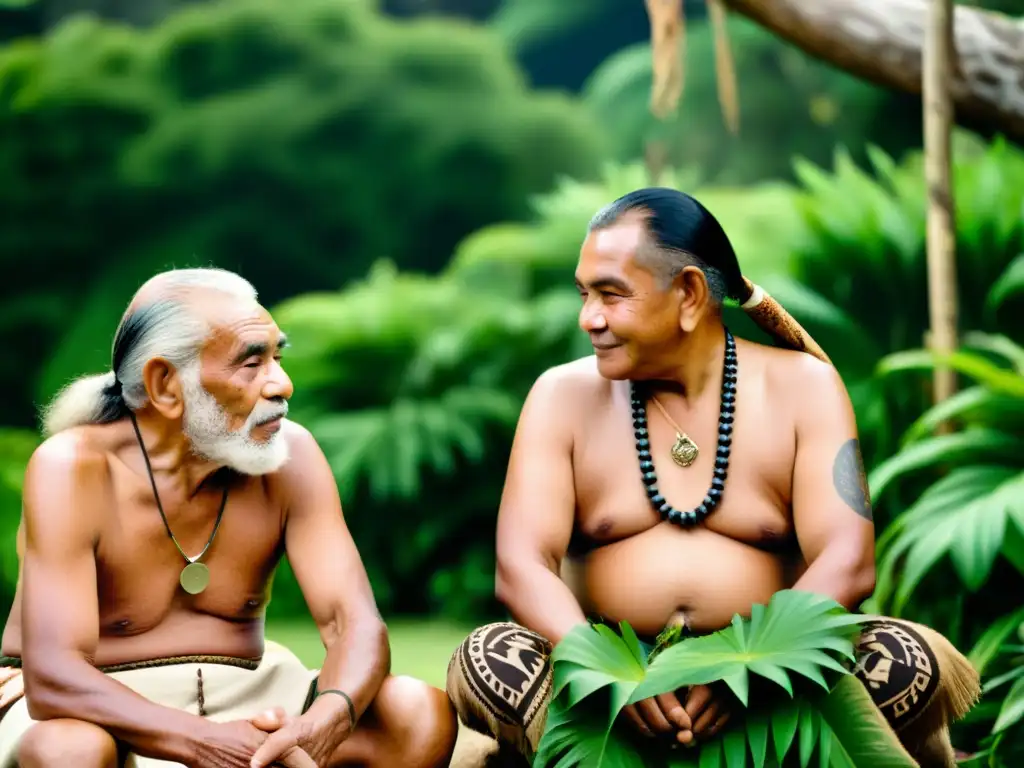 Dos ancianos sabios de las culturas maorí y aborigen australiana comparten una conversación pacífica en medio de una exuberante vegetación, reflejando una profunda conexión cultural y la sabiduría ancestral de sus tradiciones de sanación maorí y aborigen australiana