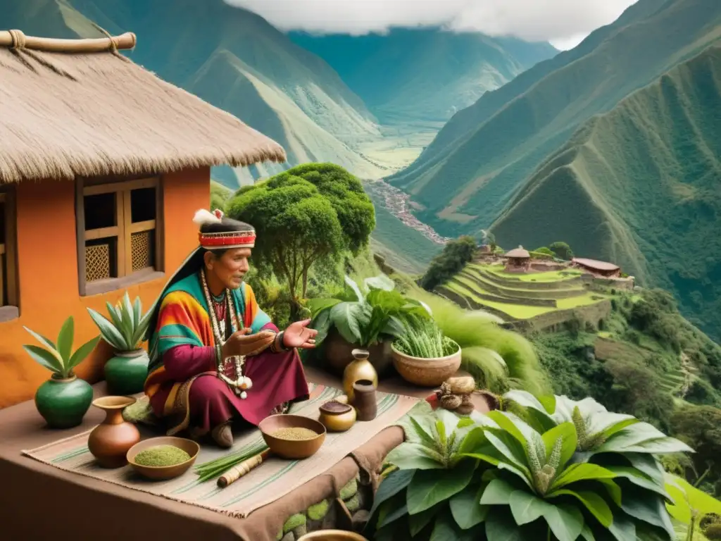 Un shaman andino lidera un taller de medicina ancestral en medio de montañas verdes y arquitectura tradicional, rodeado de asistentes diversos