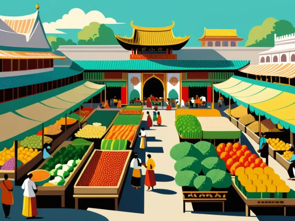 Una animada ilustración vintage de un mercado antiguo en un atardecer cálido, donde la práctica de la alimentación consciente en medicina tradicional cobra vida entre puestos coloridos y edificios ornamentados