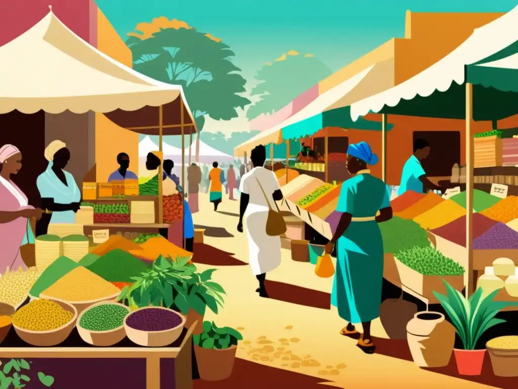 Un animado mercado africano, lleno de coloridas paradas con hierbas medicinales y mujeres preparando infusiones curativas