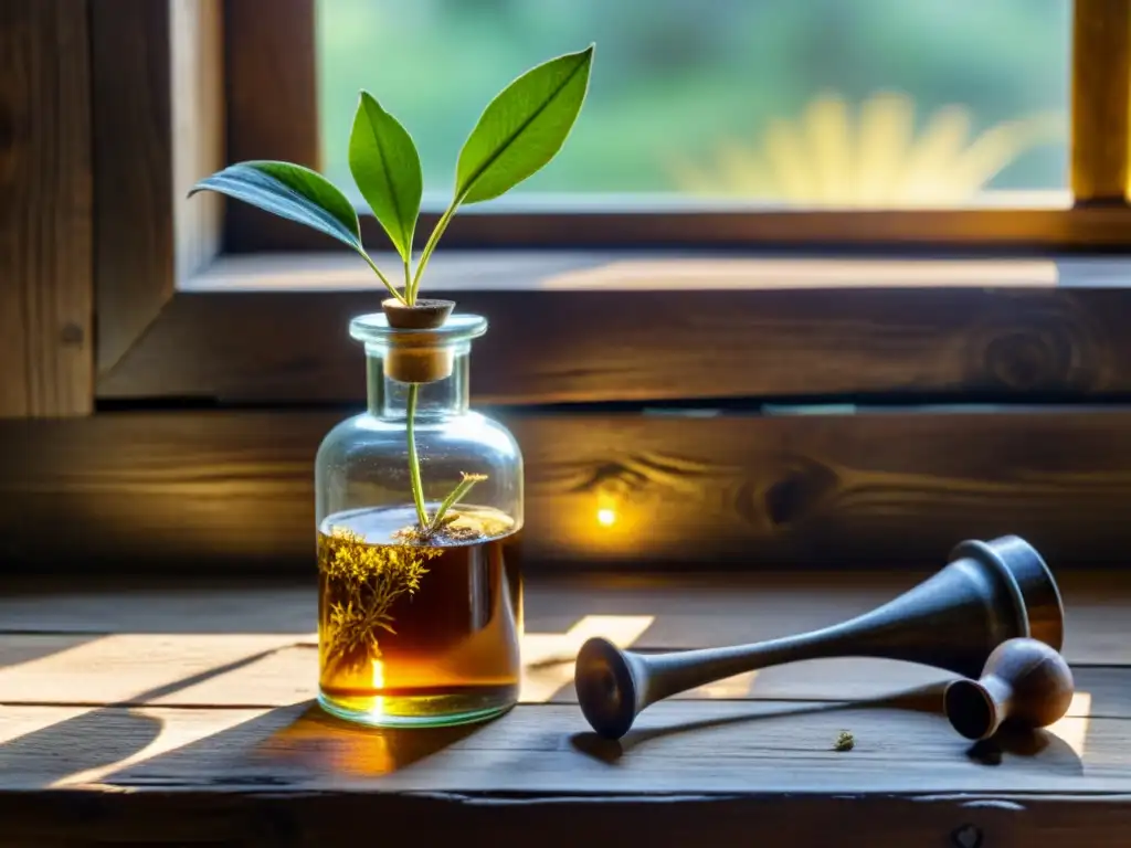 Antigua botella de harpagofito en mesa de madera iluminada por el sol