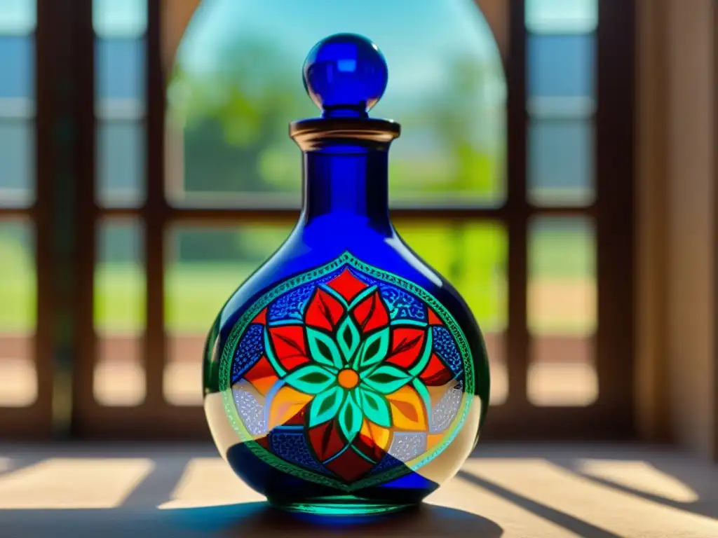 Una antigua botella de medicina persa, con diseños florales y geométricos en azul, verde y rojo