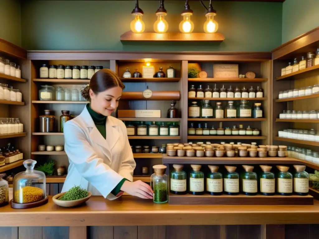 En una antigua botica, el farmacéutico prepara medicinas tradicionales