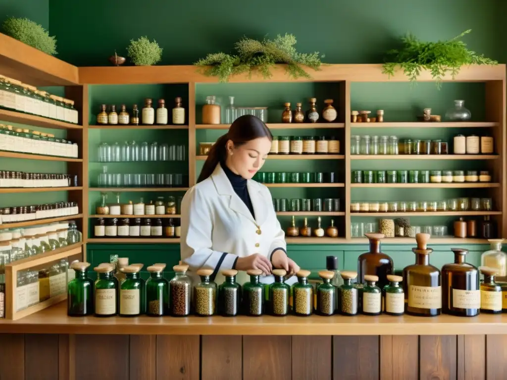 En una antigua botica, el farmacéutico mezcla raíces medicinales