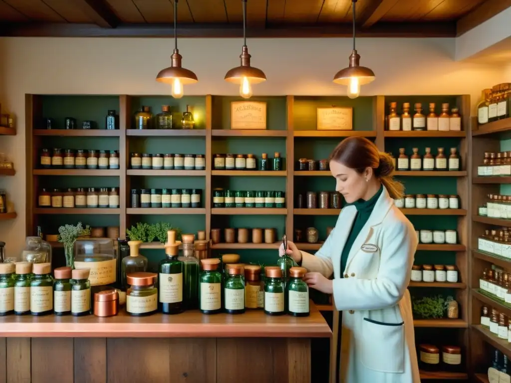 En una antigua botica, el farmacéutico prepara remedios con hierbas y ciencia, en un ambiente cálido y acogedor