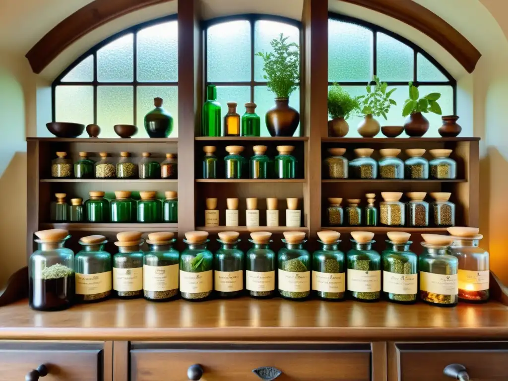 Apothecary vintage con hierbas y libros antiguos Antigua botica con hierbas y libros antiguos, iluminada por luz suave