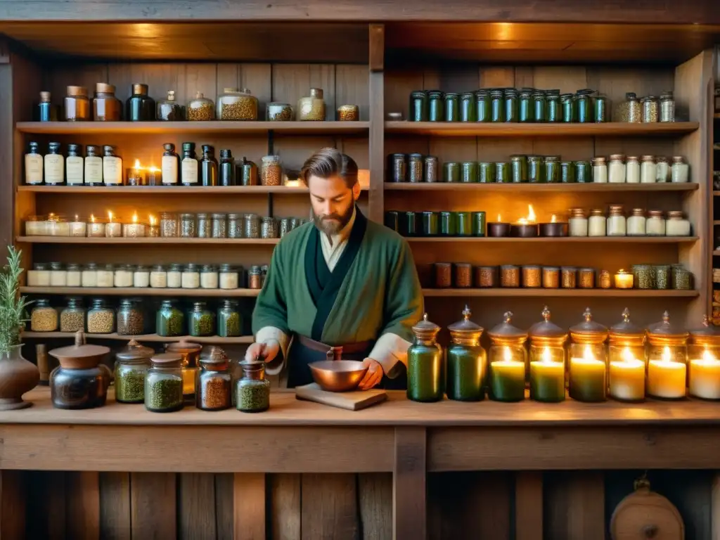 Una ilustración vintage de una antigua botica con hierbas secas, frascos de tinturas y una balanza de cobre