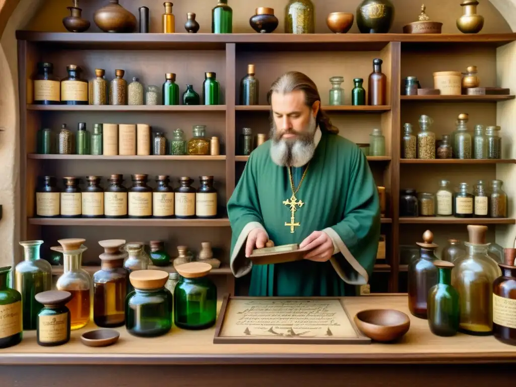 En una antigua botica medieval, un apotecario barbudo prepara remedios mientras los lugareños observan con asombro