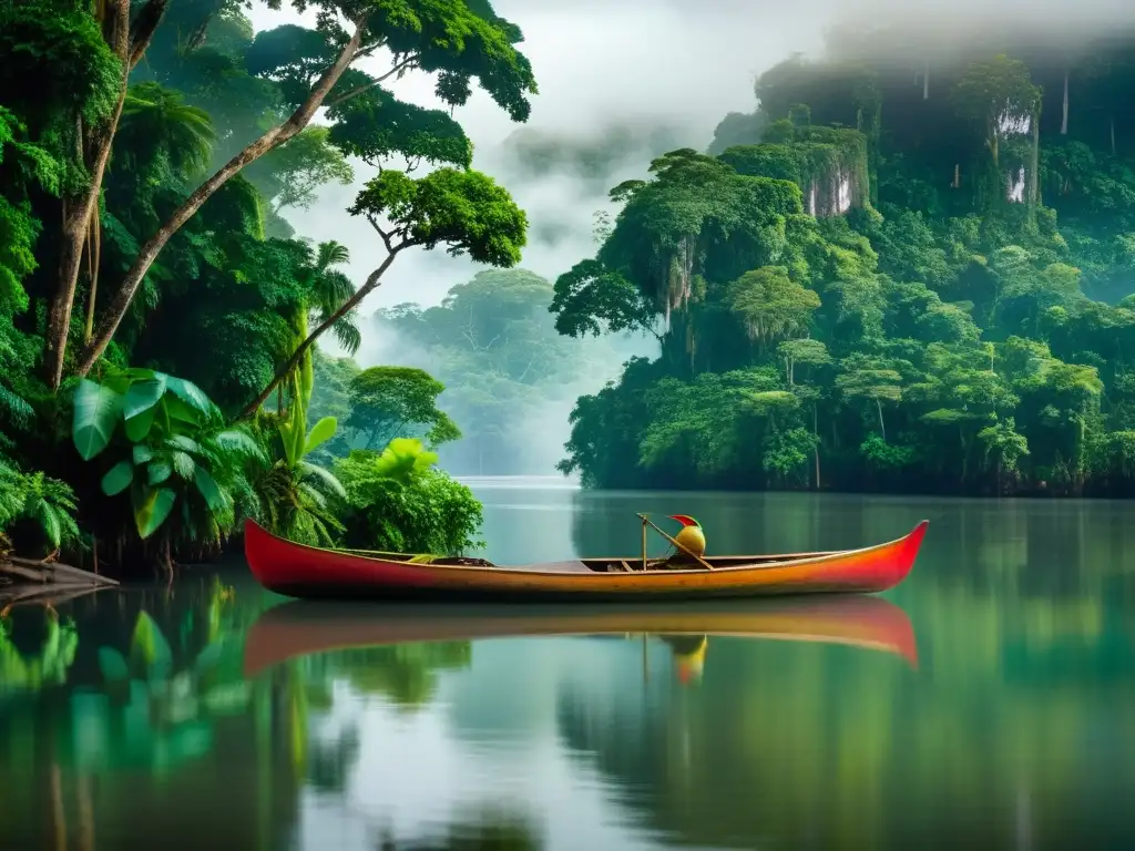 Una antigua canoa de madera flota serena en el río Amazonas, rodeada de exuberante vegetación