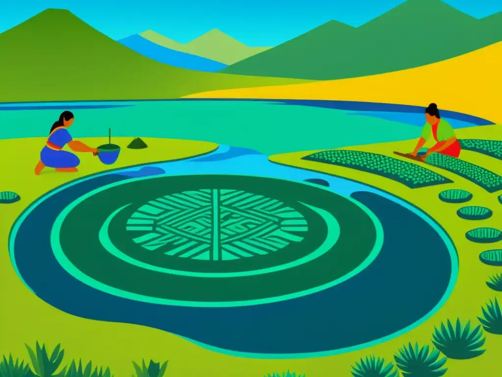 Antigua ilustración de la cosecha y consumo de spirulina por los aztecas en un lago verde exuberante