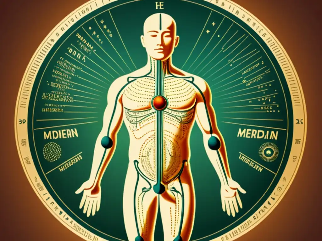 Antigua ilustración del cuerpo humano con meridianos en medicina tradicional