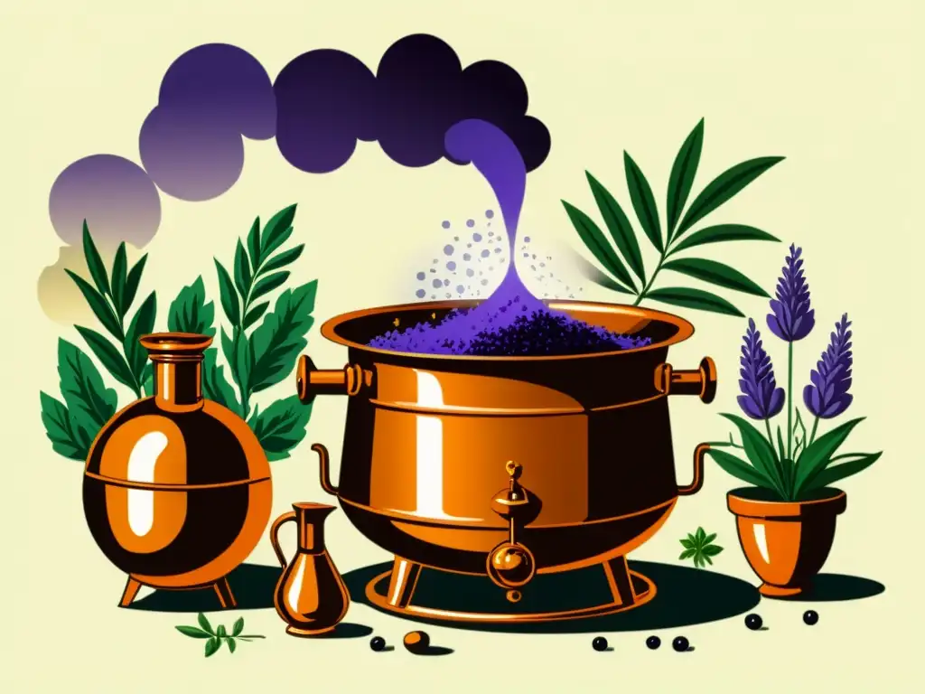 Antigua ilustración de destilación de aceites esenciales con hierbas aromáticas