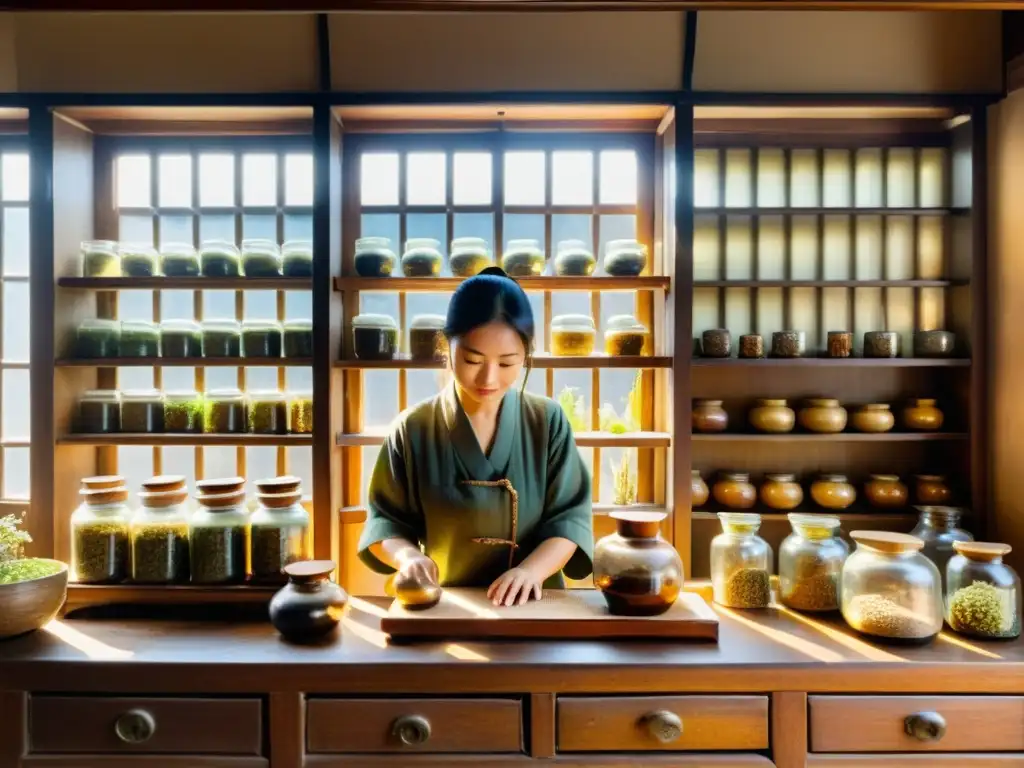 Una antigua farmacia china con estantes de madera repletos de frascos de hierbas y medicinas