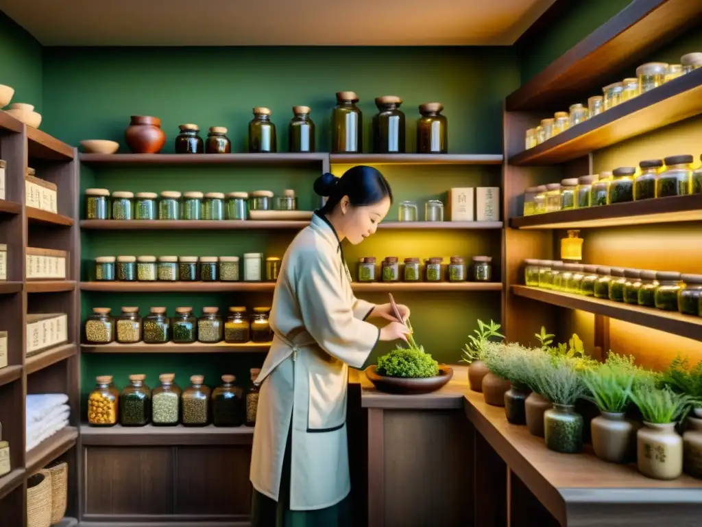 La magia de la medicina herbal china La ilustración vintage muestra una antigua farmacia china con hierbas y plantas en frascos de vidrio