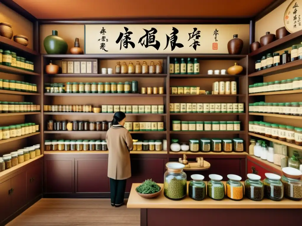 Una ilustración vintage de una antigua herboristería china con estantes llenos de frascos y paquetes de hierbas medicinales tradicionales chinas