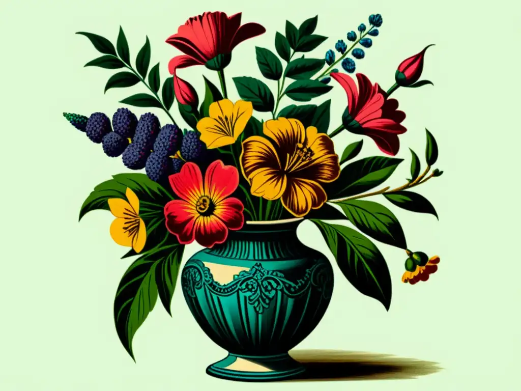 Una ilustración botánica antigua de un hermoso ramo de flores en un jarrón victoriano, mostrando la diversidad de la floriterapia