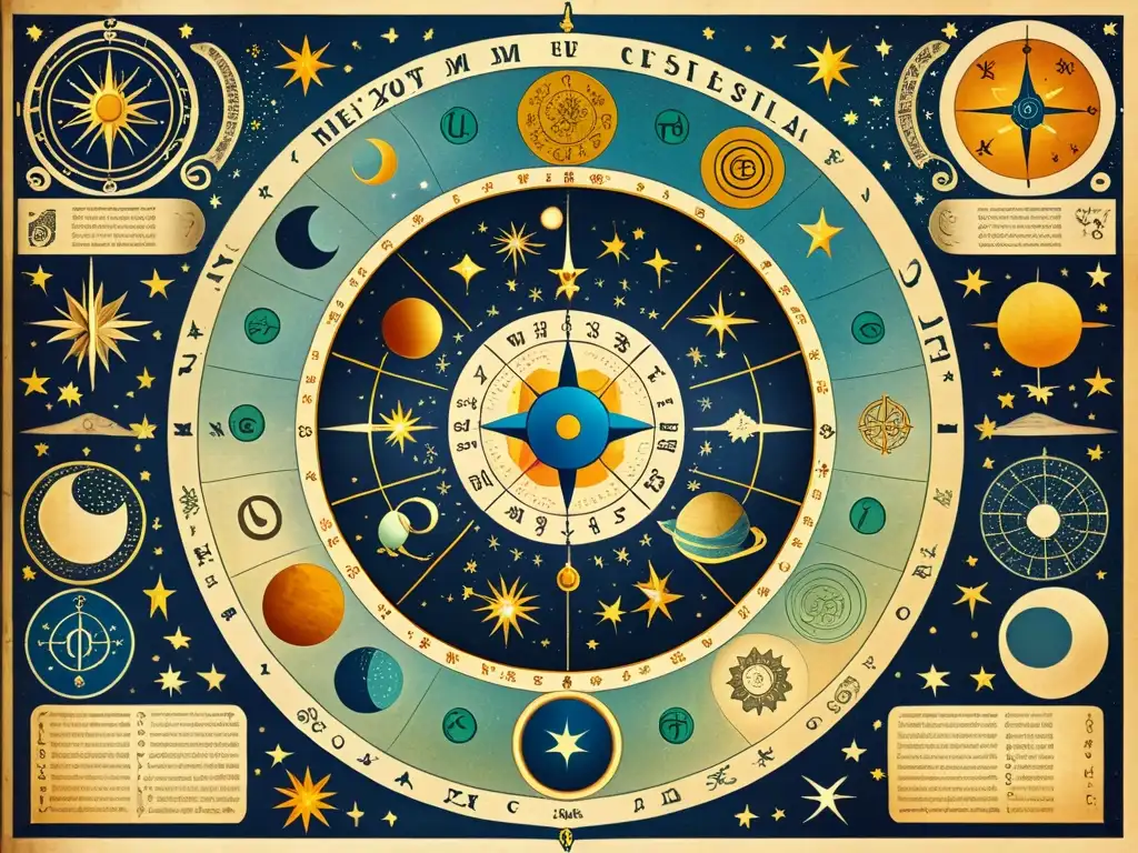 Antigua ilustración de un mapa celestial detallado con signos zodiacales y símbolos, rodeado de textos ancestrales y evocando sabiduría astrológica