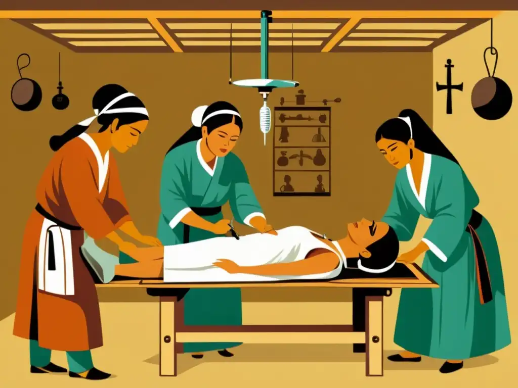 En la antigua medicina incaica, cirugía craneal y sabiduría ancestral se entrelazan en esta ilustración detallada