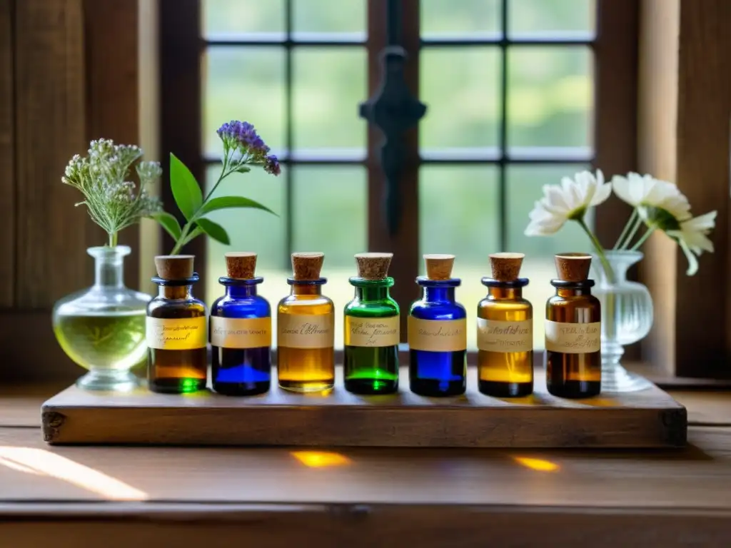 Mesita antigua de boticario con esencias naturales Antigua mesa de boticario con aceites esenciales y hierbas secas
