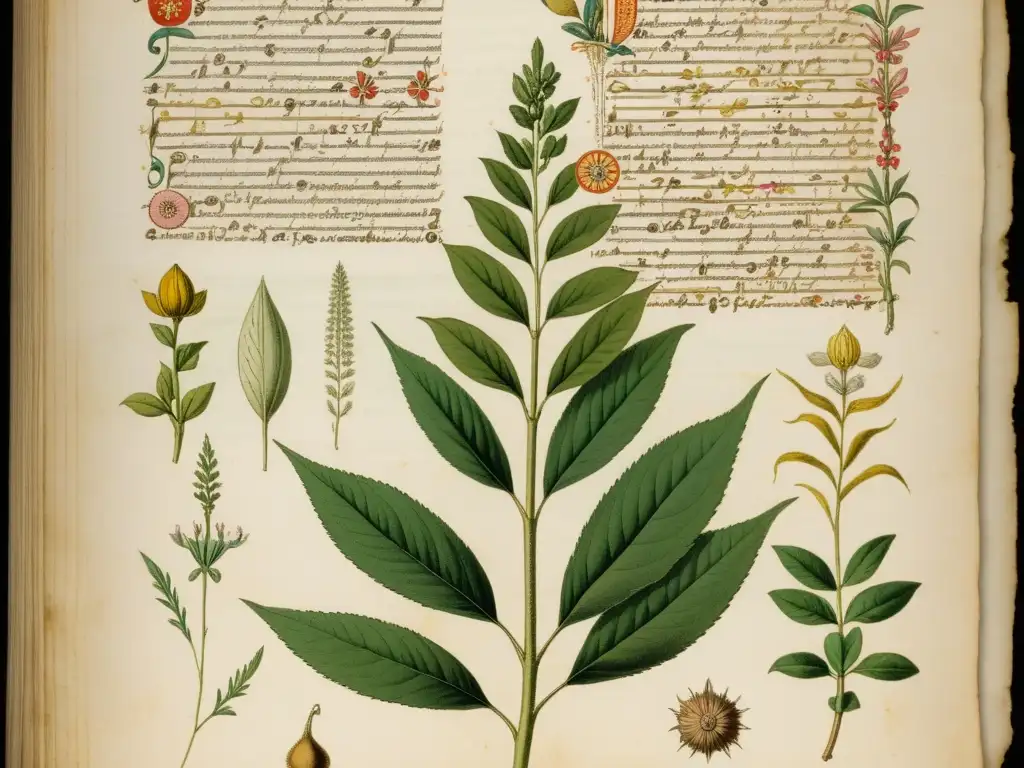 Antigua página de manuscrito detallado de Theophrastus, evocando la medicina tradicional plantas curativas en ilustraciones y caligrafía vintage