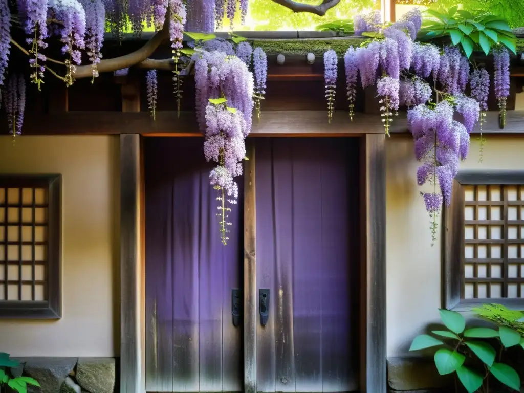 Antigua puerta de madera con glicinias en jardín japonés; evoca tranquilidad y la formación en terapias tradicionales en Kyoto, Japón