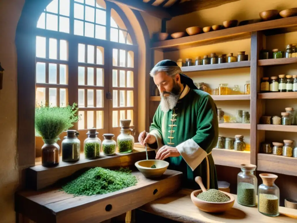 En una antigua tienda de hierbas en la Europa medieval, un herbolario pesa hierbas mientras los aldeanos observan