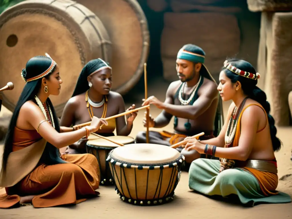 Una fotografía vintage de antiguas civilizaciones tocando instrumentos musicales en un entorno sagrado