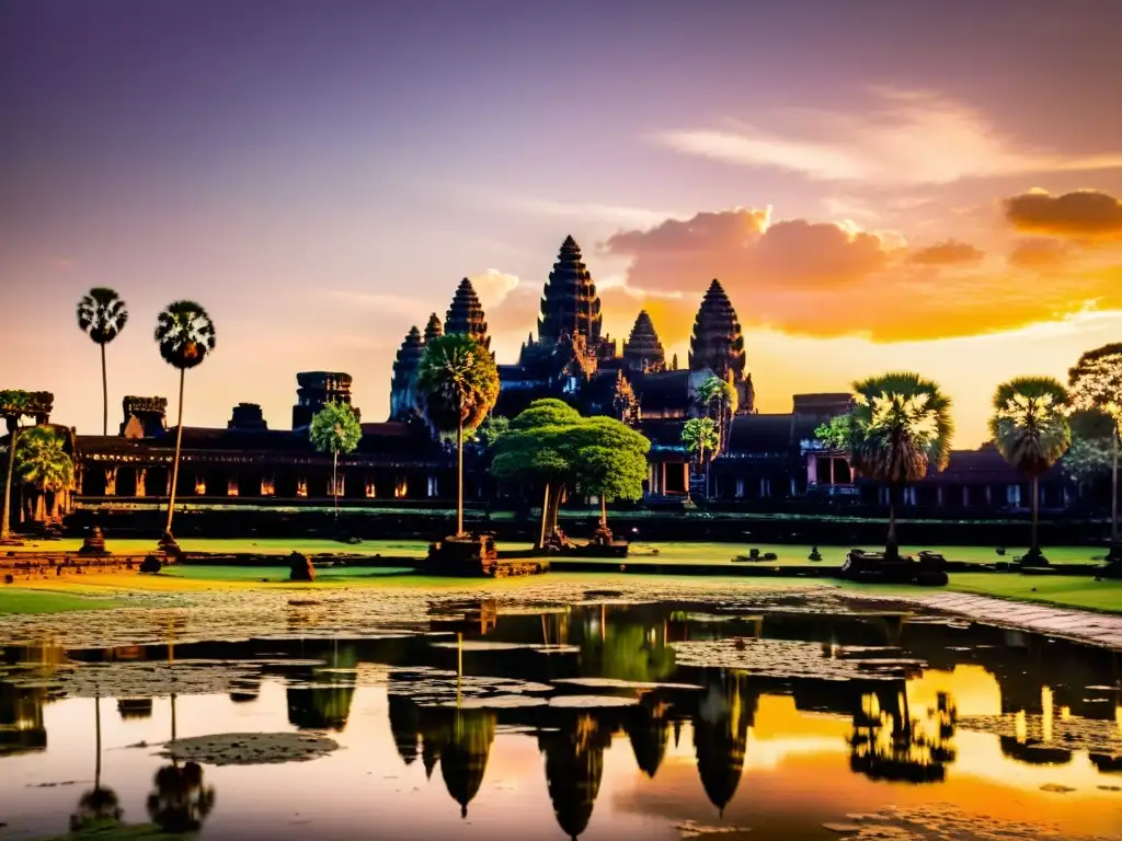 Antiguas ruinas de Angkor Wat al atardecer, con luz dorada cálida y atmósfera mágica