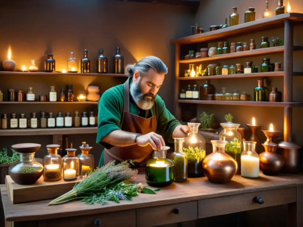 Aromaterapia en la Antigüedad: Alquimista preparando esencias en taller de hierbas iluminado por velas