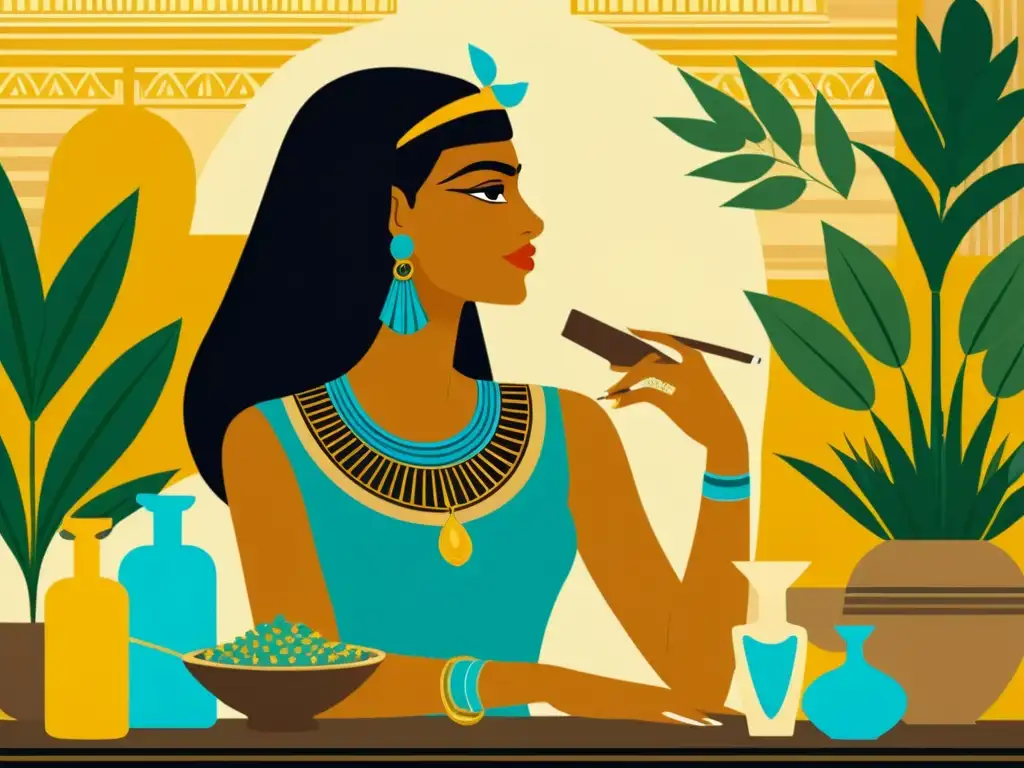 Cleopatra en el antiguo Egipto mezcla aceites esenciales rodeada de botánicos exóticos y frascos de perfume, en un bullicioso mercado