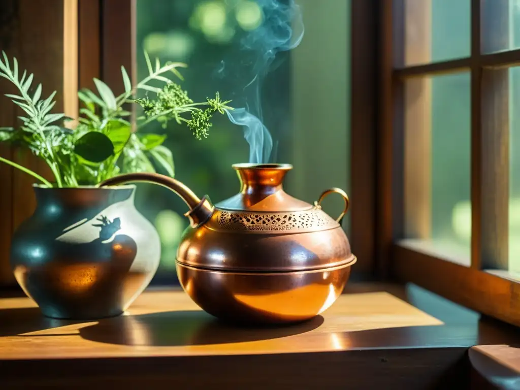 Un antiguo alambique de cobre reposa sobre una mesa de madera, con luz natural filtrándose suavemente a través de una ventana cercana