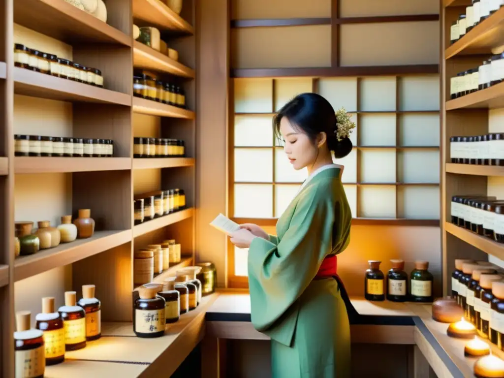 Un antiguo apotecario japonés con estanterías de cerámica y botellas de hierbas