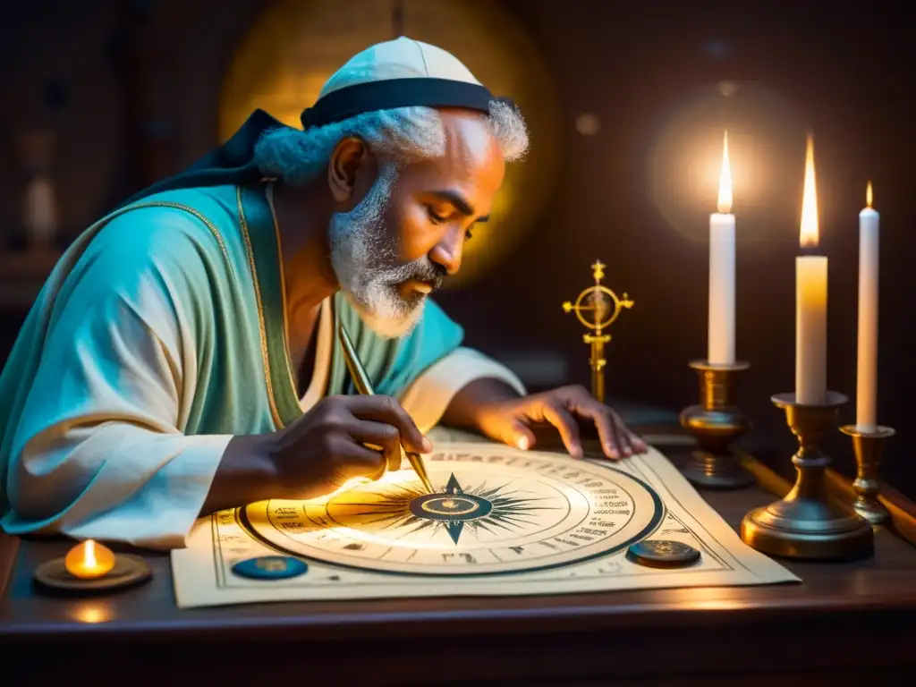 Un antiguo astrólogo examina con sabiduría mapas celestes rodeado de instrumentos médicos antiguos y textos, iluminado por la suave luz de las velas