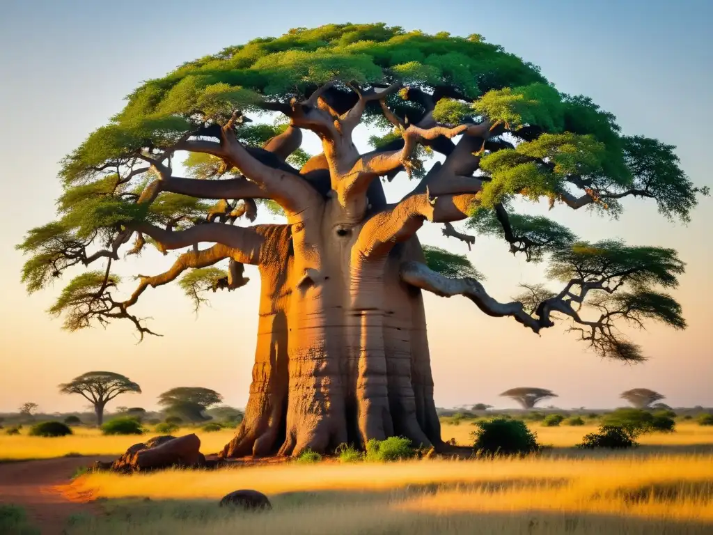 Un antiguo baobab se alza en la sabana africana, rodeado de plantas medicinales