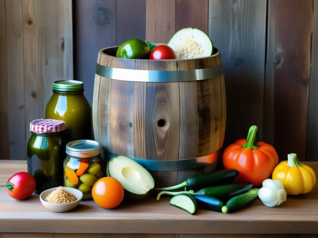 Un antiguo barril de madera rebosante de alimentos fermentados como chucrut, kimchi y pepinillos