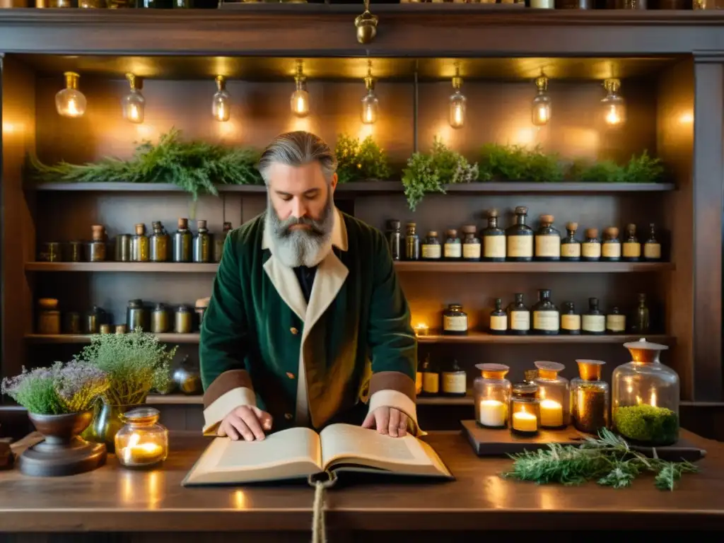 Un antiguo boticario con estanterías de madera repletas de botellas de hierbas y pociones, iluminado por velas