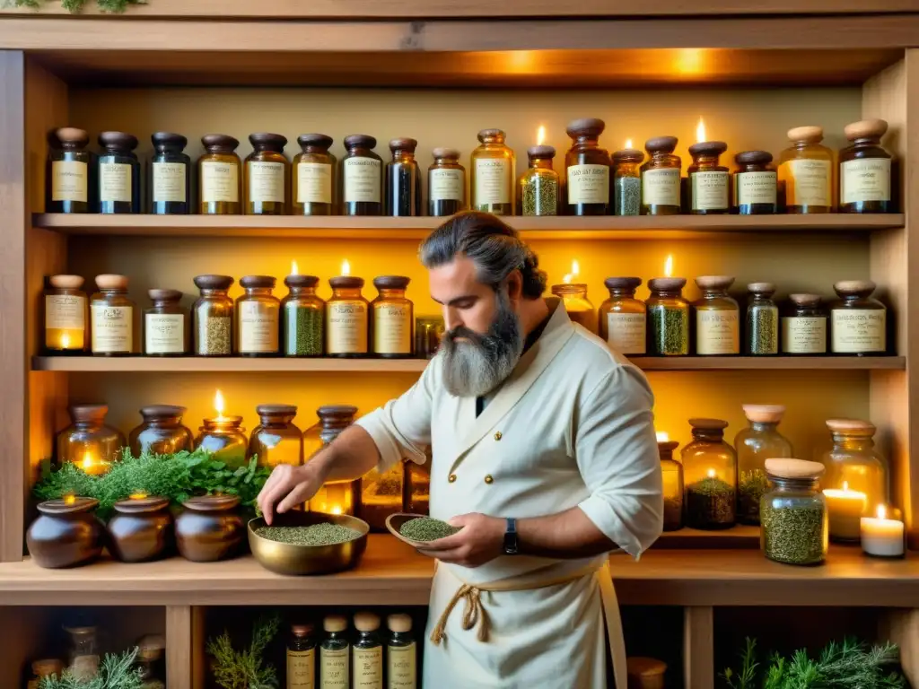 Un antiguo boticario griego mezcla hierbas medicinales en una tenue luz de velas, evocando la sabiduría ancestral de la medicina griega