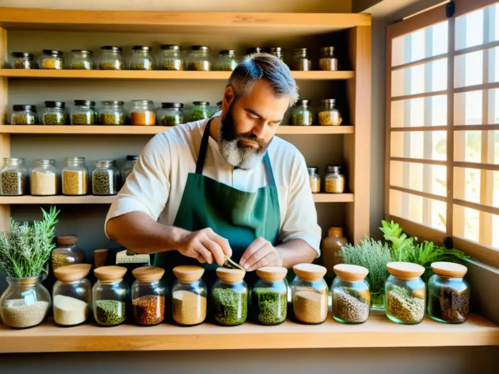 Un antiguo boticario griego prepara hierbas medicinales en su tienda, evocando la esencia de la medicina herbaria en la Antigua Grecia