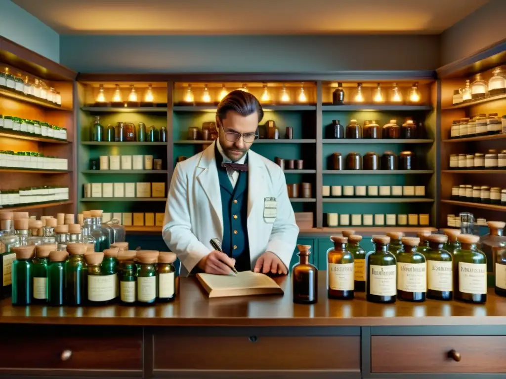 Un antiguo boticario lleno de frascos y libros, con un farmacéutico vistiendo un delantal blanco, preparando milenrama para usos médicos