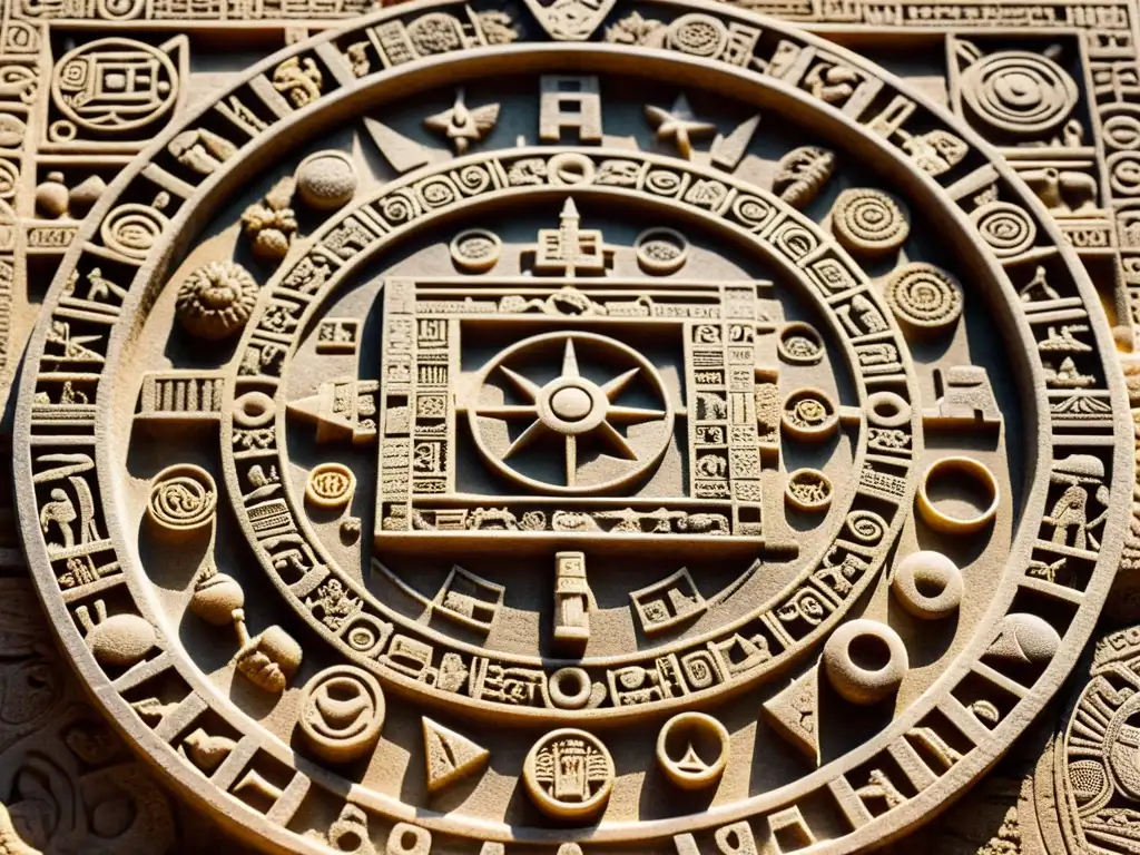 Un antiguo calendario maya esculpido en piedra, con intrincados símbolos astrológicos y textura envejecida, iluminado por la cálida luz del sol