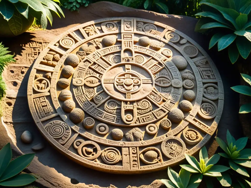 Antiguo calendario maya tallado en piedra, con símbolos y cuerpos celestes, bañado por la luz dorada del atardecer