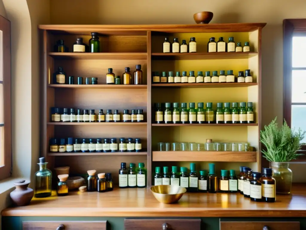 Tienda de hierbas y aceites esenciales: nostalgia vintage y tradición Un antiguo y cálido herbolario con esencias y hierbas